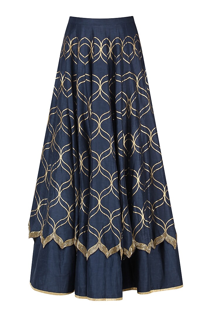 Navy blue embroidered double layered lehenga skirt with jacket available only at Pernia's Pop Up Shop.