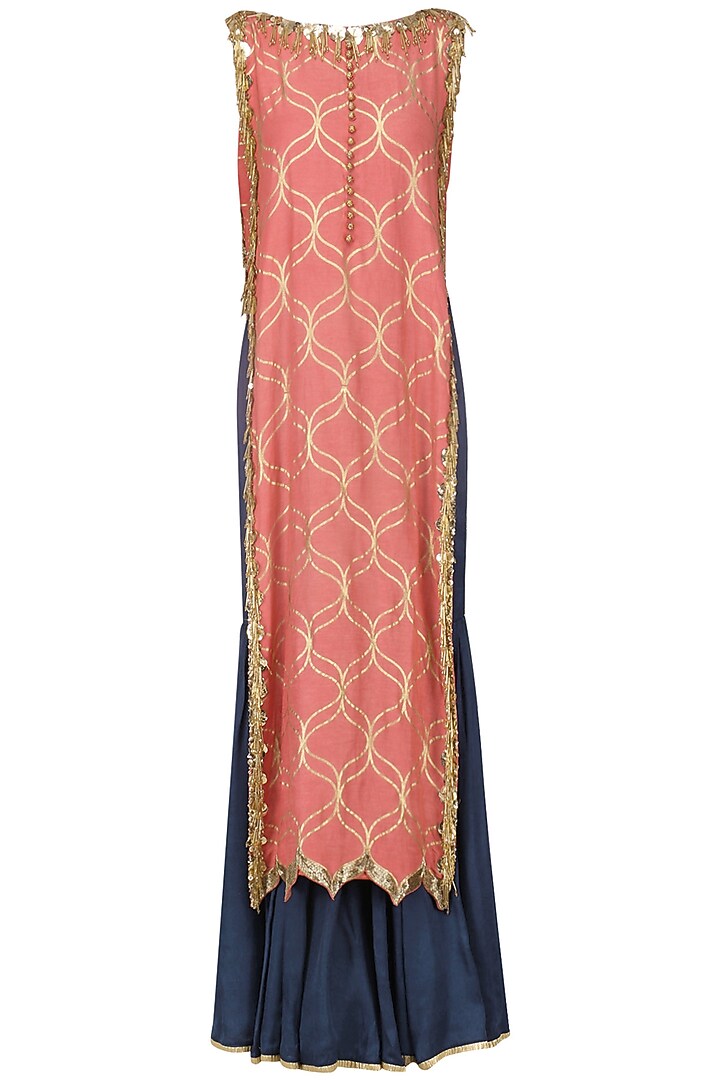 Coral pink embroidered kurta with sharara pants available only at Pernia's Pop Up Shop.