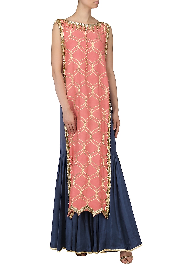Coral pink embroidered kurta with sharara pants available only at Pernia's Pop Up Shop.