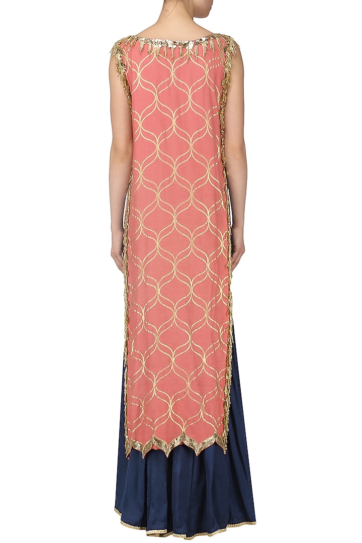 Coral pink embroidered kurta with sharara pants available only at Pernia's Pop Up Shop.