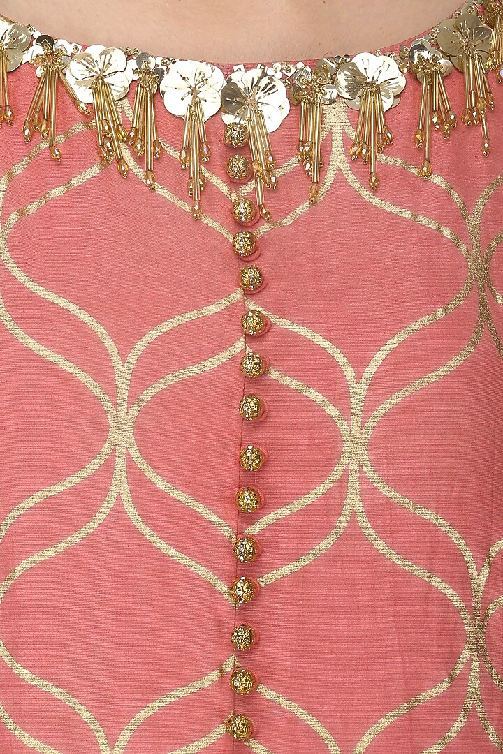 Coral pink embroidered kurta with sharara pants available only at Pernia's Pop Up Shop.