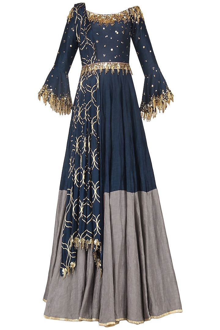 Navy Blue Embroidered Anarkali Gown Set by Salian by Anushree