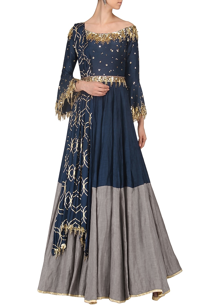 Navy blue embroidered anarkali gown set available only at Pernia's Pop Up Shop.