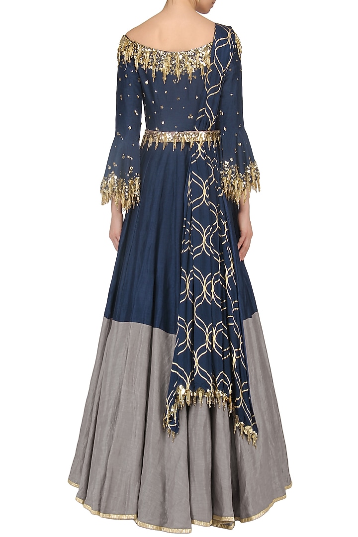 Navy blue embroidered anarkali gown set available only at Pernia's Pop Up Shop.