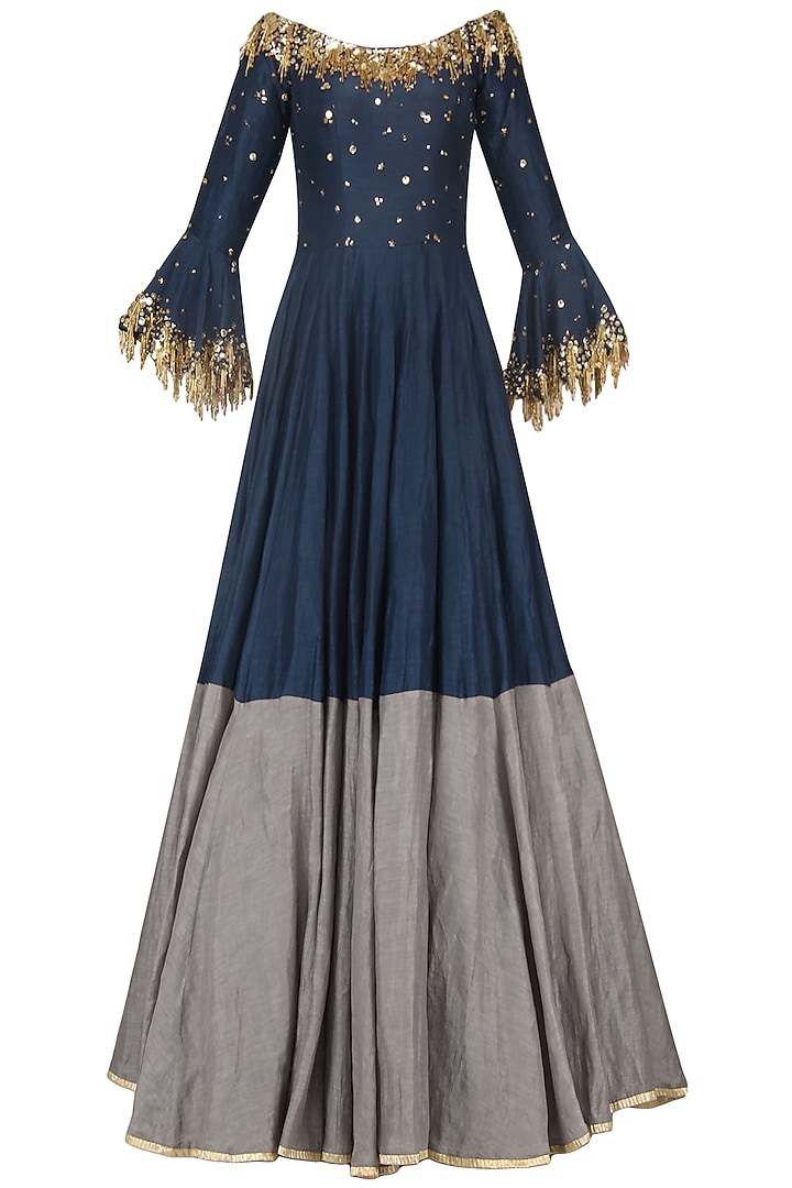 Navy blue embroidered anarkali gown set available only at Pernia's Pop Up Shop.