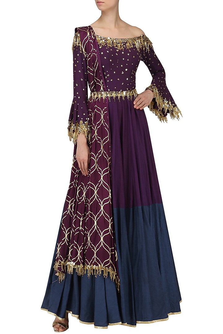 Purple embroidered anarkali gown set available only at Pernia's Pop Up Shop.