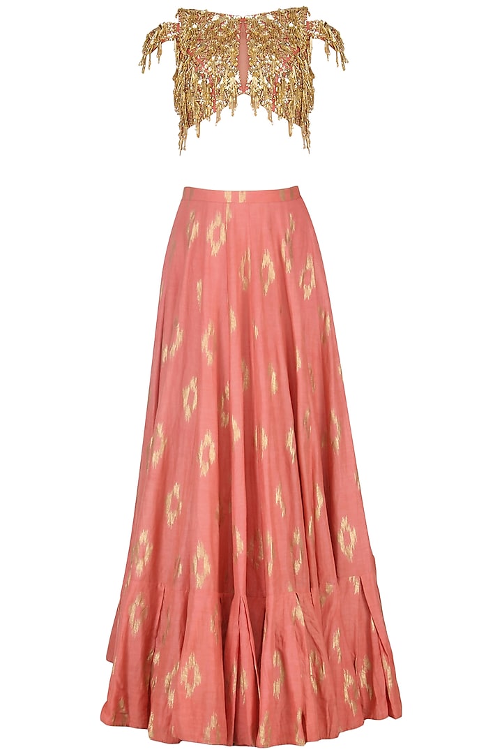 Coral Pink and Mud Grey Embroidered Lehenga Set by Salian by Anushree