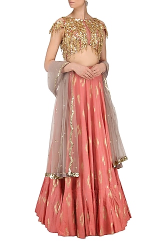 Coral Pink and Mud Grey Embroidered Lehenga Set by Salian by Anushree
