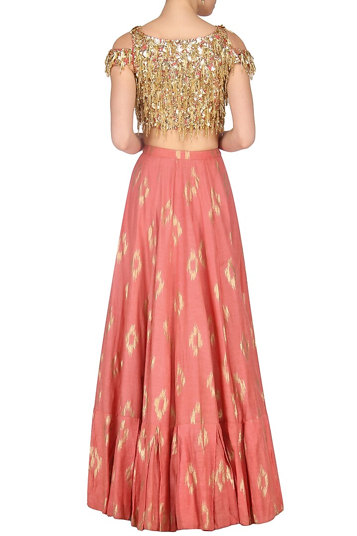 Coral pink and mud grey embroidered lehenga set available only at Pernia's Pop Up Shop.