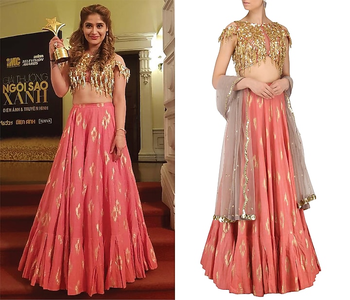 Coral pink and mud grey embroidered lehenga set available only at Pernia's Pop Up Shop.