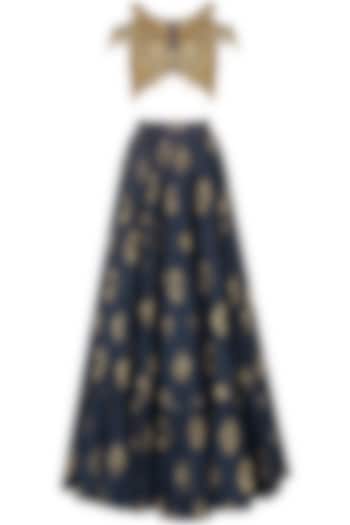 Navy blue and mud grey embroidered lehenga set available only at Pernia's Pop Up Shop.
