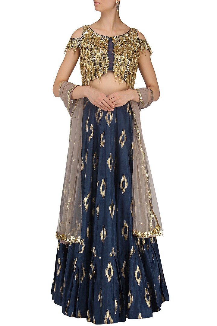 Navy blue and mud grey embroidered lehenga set available only at Pernia's Pop Up Shop.