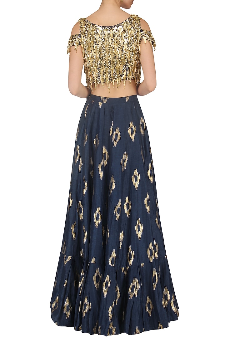 Navy blue and mud grey embroidered lehenga set available only at Pernia's Pop Up Shop.