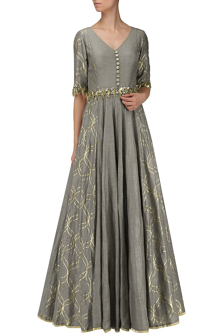 Mud grey embroidered anarkali gown available only at Pernia's Pop Up Shop.