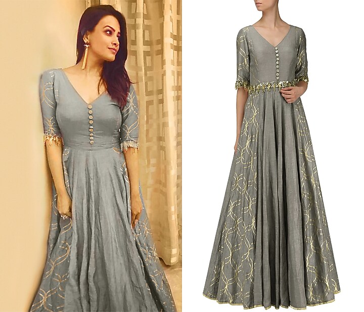 Mud grey embroidered anarkali gown available only at Pernia's Pop Up Shop.