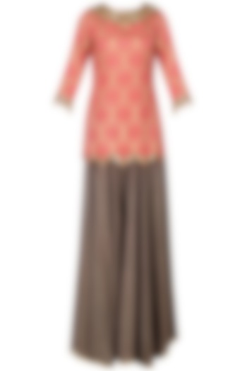 Coral pink embroidered kurta with palazzo pants available only at Pernia's Pop Up Shop.