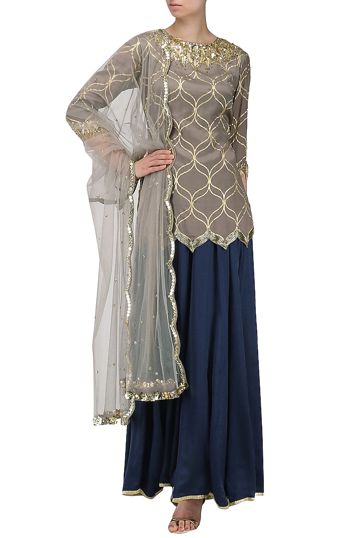 Mud grey embroidered kurta with palazzo pants available only at Pernia's Pop Up Shop.