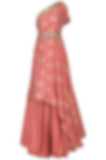 Coral pink embroidered drape kurta with skirt available only at Pernia's Pop Up Shop.