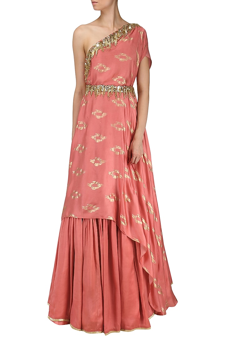 Coral pink embroidered drape kurta with skirt available only at Pernia's Pop Up Shop.