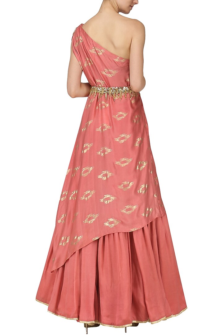 Coral pink embroidered drape kurta with skirt available only at Pernia's Pop Up Shop.
