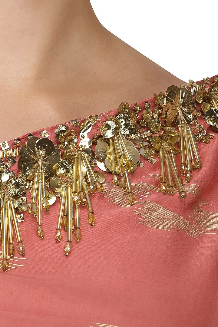 Coral pink embroidered drape kurta with skirt available only at Pernia's Pop Up Shop.