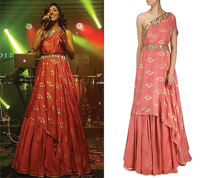 Coral pink embroidered drape kurta with skirt available only at Pernia's Pop Up Shop.