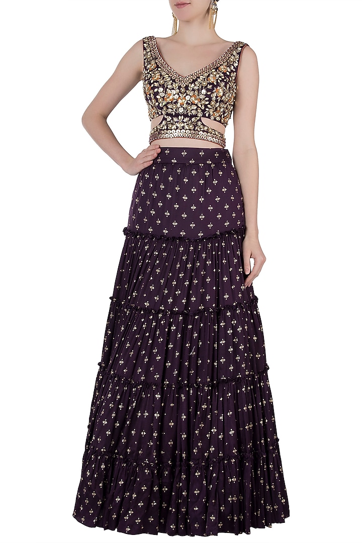 Purple embroidered printed Wedding Lehenga set by Salian by Anushree at Pernia's Pop Up Shop