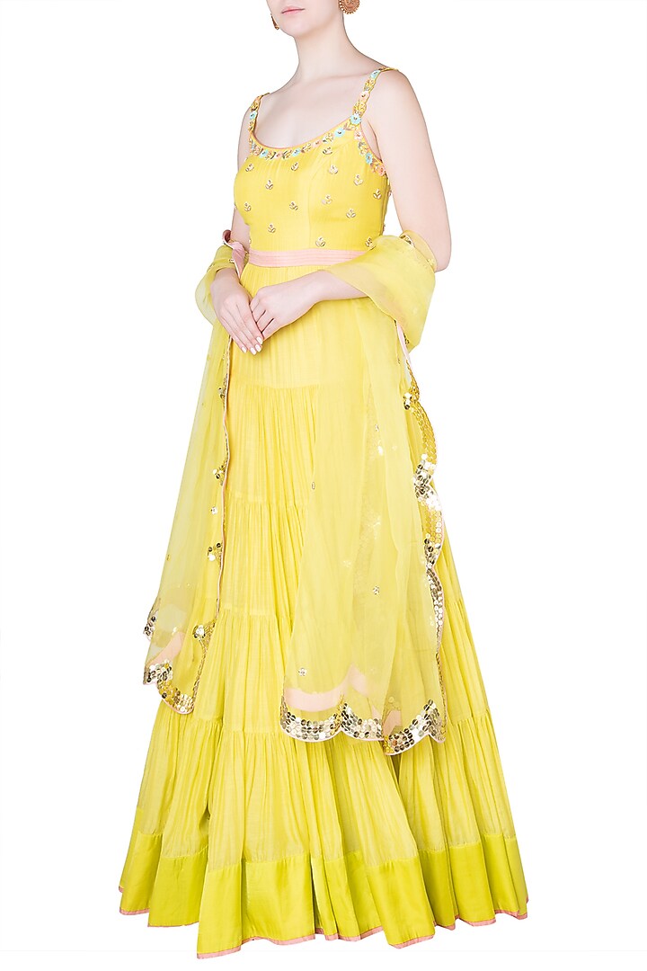 Lime embroidered anarakli gown available only at Pernia's Pop Up Shop.