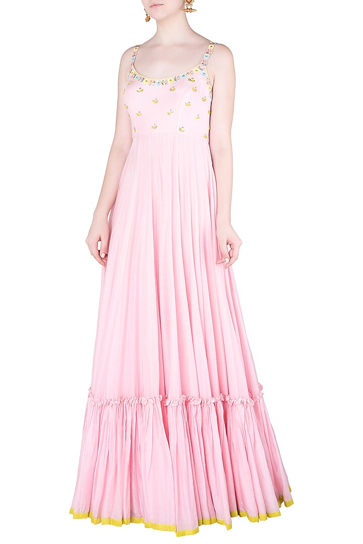 Pink and lime embroidered anarkali gown available only at Pernia's Pop Up Shop.