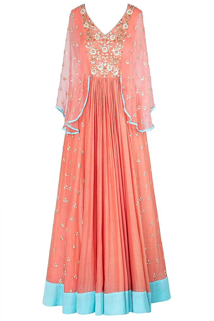 Coral Floral Embroidered Gown by Salian by Anushree