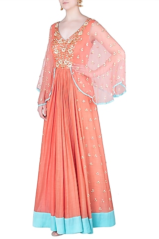 Coral Floral Embroidered Gown by Salian by Anushree