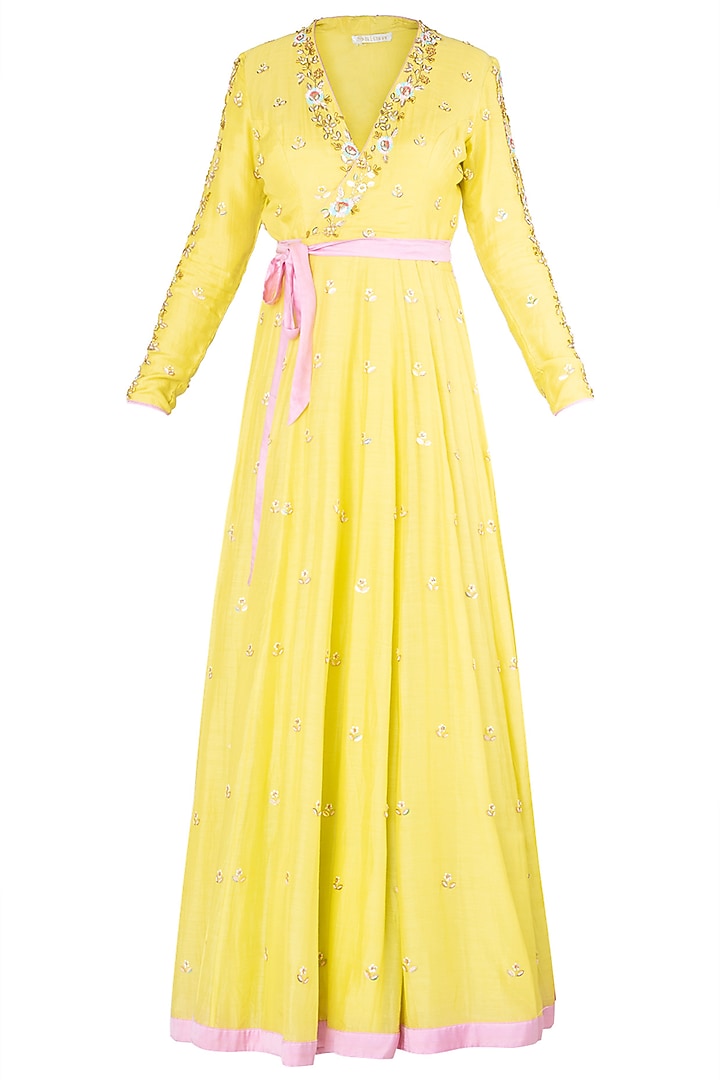 Lime embroidered wrap up anarkali gown available only at Pernia's Pop Up Shop.