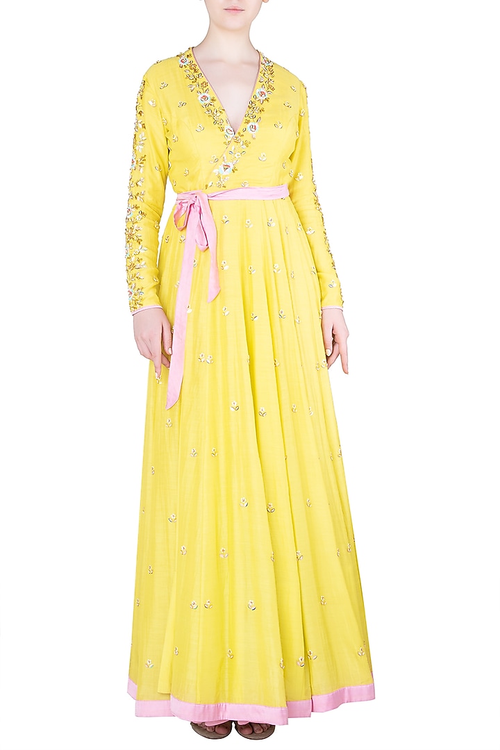 Lime embroidered wrap up anarkali gown available only at Pernia's Pop Up Shop.