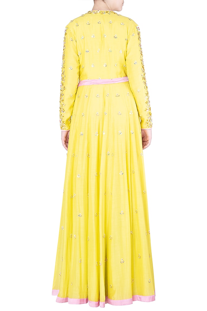 Lime embroidered wrap up anarkali gown available only at Pernia's Pop Up Shop.