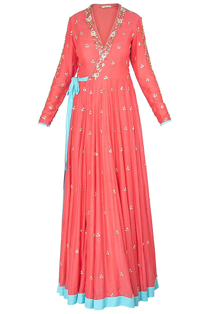 Coral Embroidered Wrap Up Anarkali Gown by Salian by Anushree
