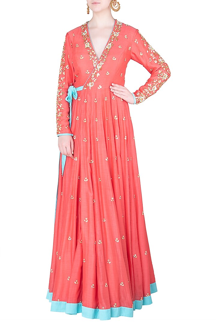Coral embroidered wrap up anarkali gown available only at Pernia's Pop Up Shop.