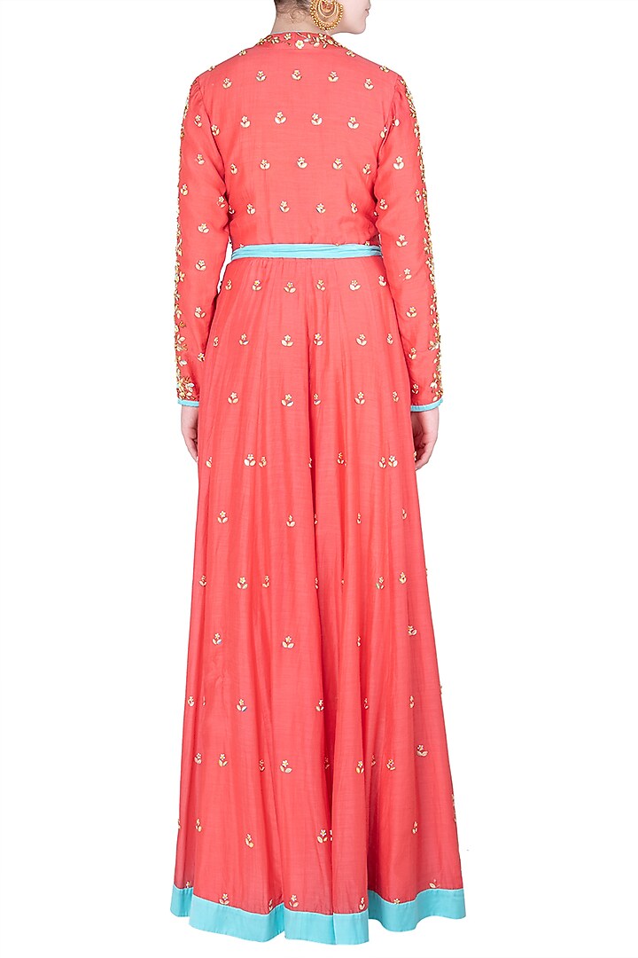 Coral embroidered wrap up anarkali gown available only at Pernia's Pop Up Shop.