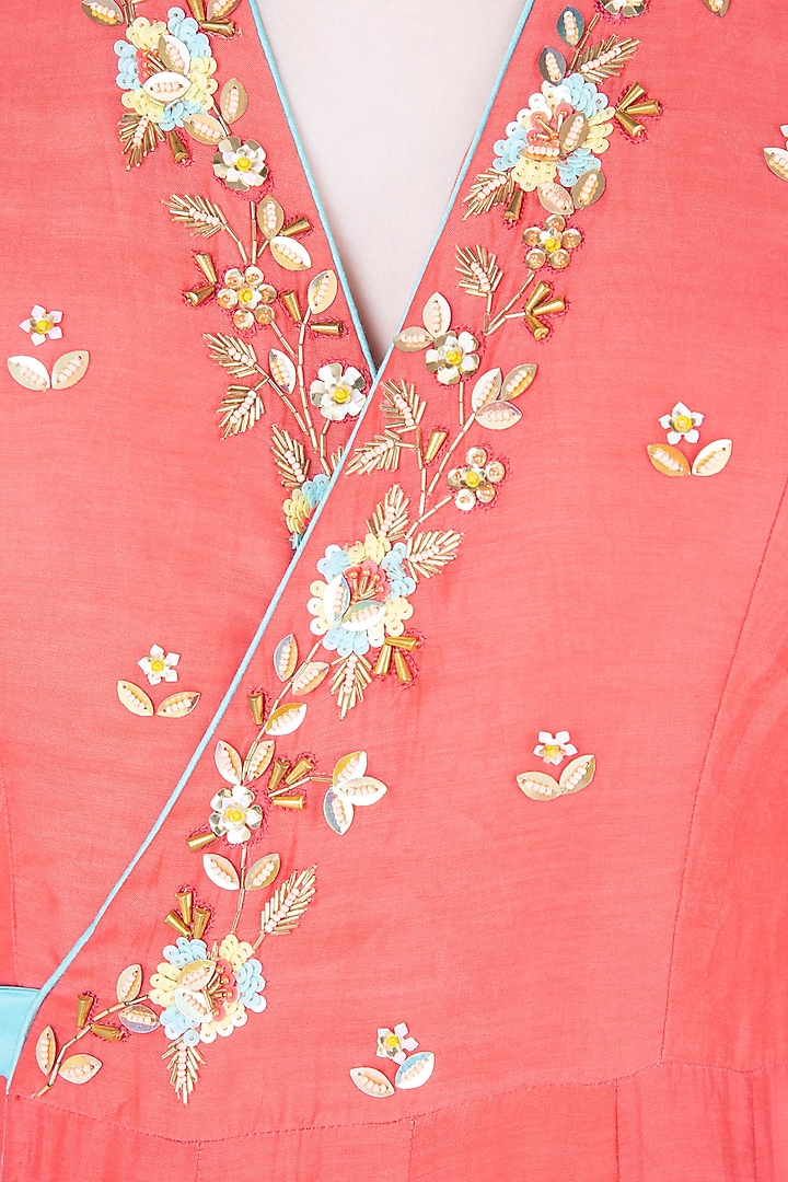 Coral embroidered wrap up anarkali gown available only at Pernia's Pop Up Shop.