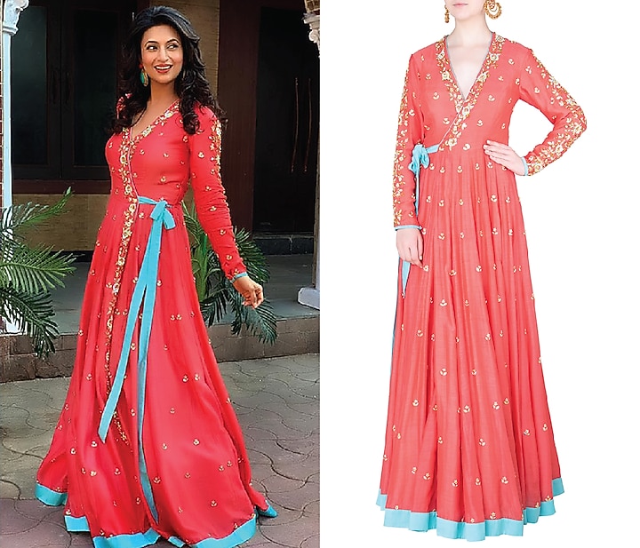 Coral embroidered wrap up anarkali gown available only at Pernia's Pop Up Shop.