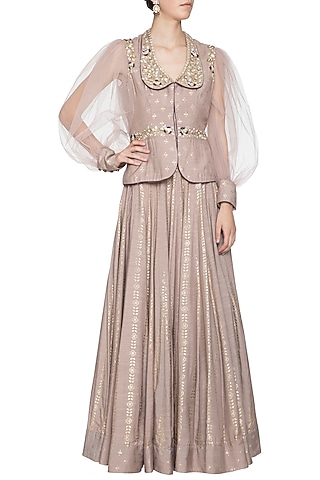 Mud grey foil print lehenga with embroidered jacket by SALIAN BY ANUSHREE