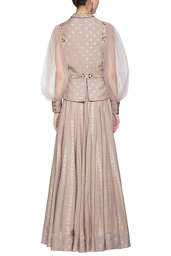 Mud grey foil print lehenga with embroidered jacket available only at Pernia's Pop Up Shop.