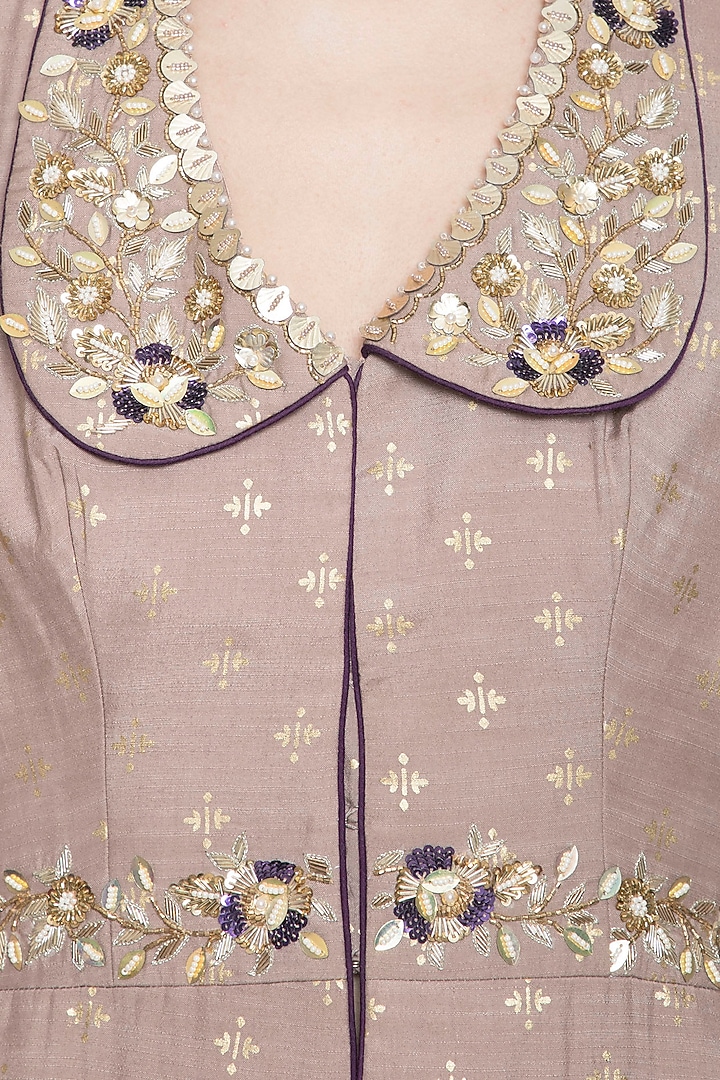 Mud grey foil print lehenga with embroidered jacket available only at Pernia's Pop Up Shop.
