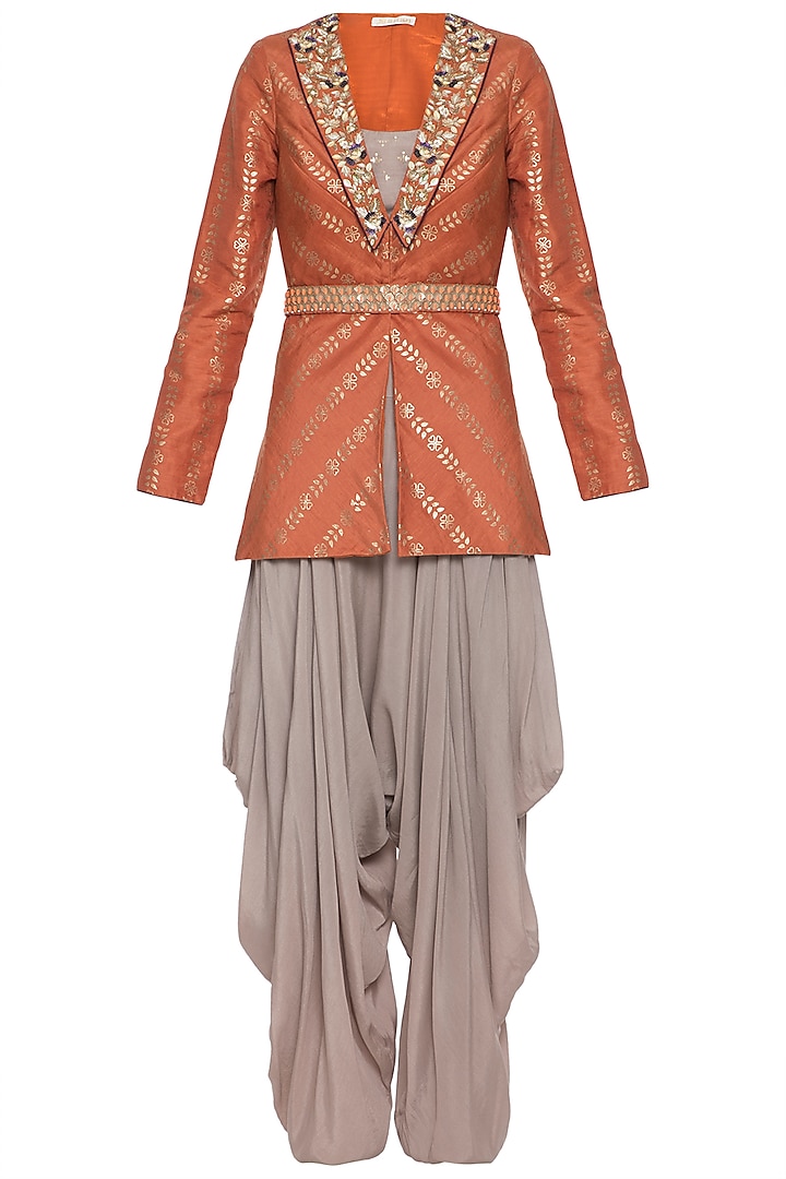 Rust embroidered foil print jacket with mud grey dhoti pants, bustier and belt by SALIAN BY ANUSHREE
