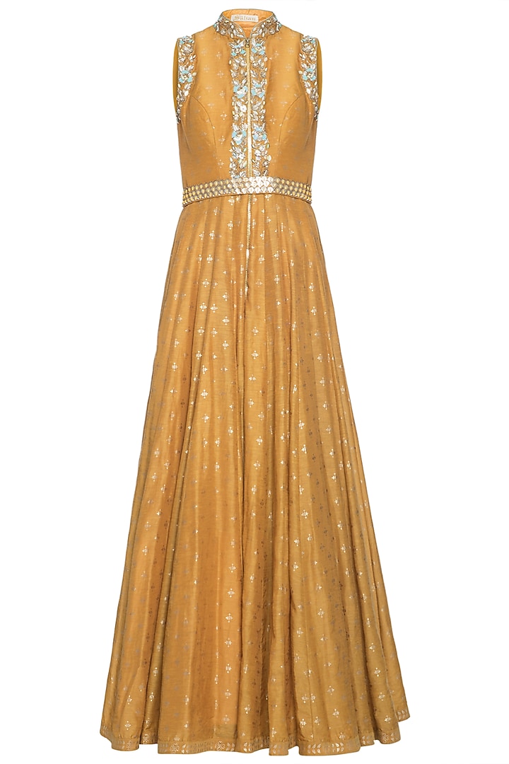 Mustard embroidered foil print jumpsuit with belt by SALIAN BY ANUSHREE