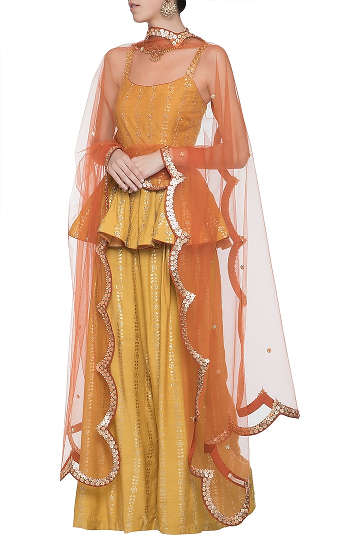 Mustard embroidered foil print peplum top with palazzo pants set available only at Pernia's Pop Up Shop.