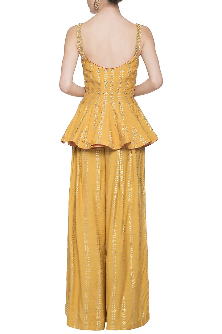 Mustard embroidered foil print peplum top with palazzo pants set available only at Pernia's Pop Up Shop.