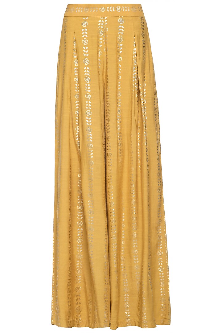 Mustard embroidered foil print peplum top with palazzo pants set available only at Pernia's Pop Up Shop.