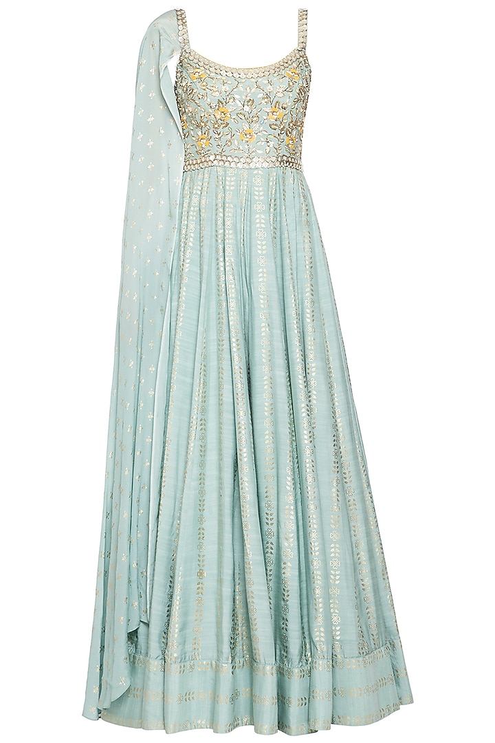 Mint blue embroidered foil print anarkali gown by SALIAN BY ANUSHREE
