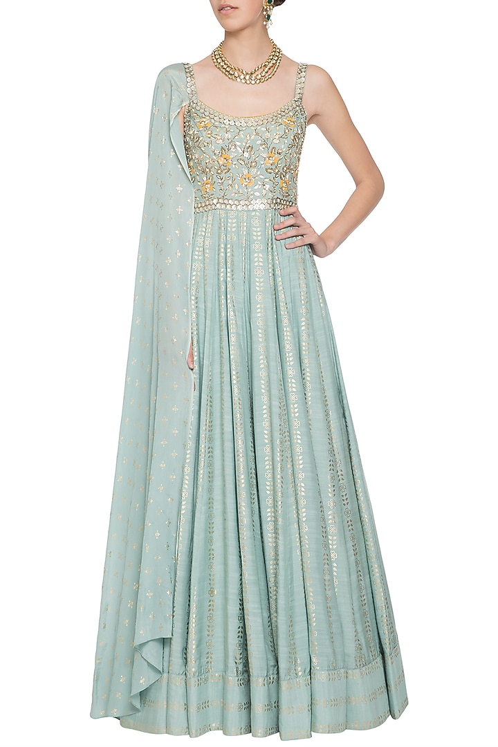 Blue Metalic Foil Work Embroidered Wedding Festive Anarkali Gown