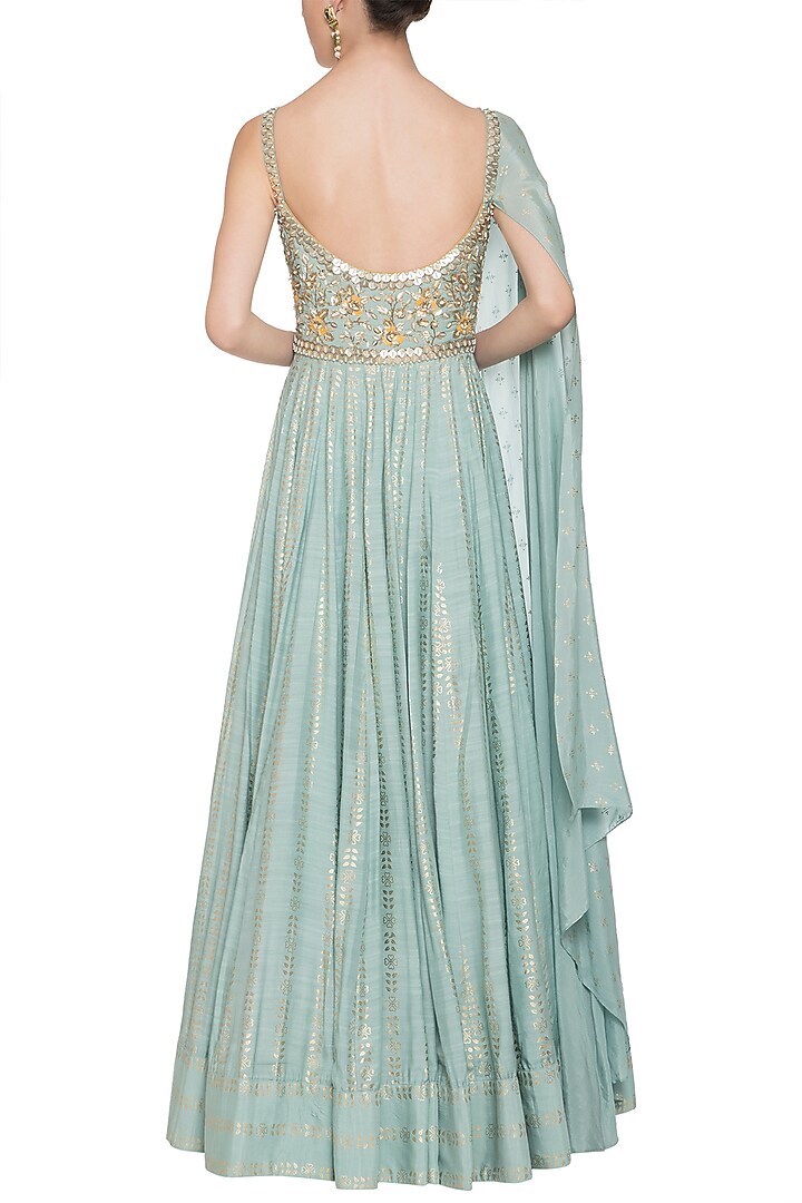 Mint blue embroidered foil print anarkali gown available only at Pernia's Pop Up Shop.